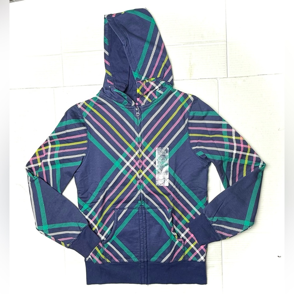 Vintage Arizona Sweatshirt Girls Size Large 14 16 Blue Plaidβ Hoodie Zip Up 90s